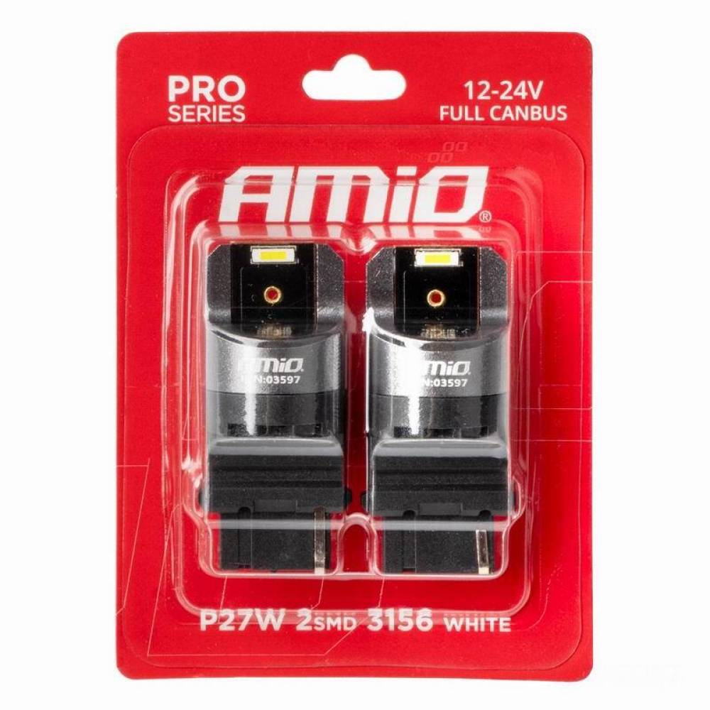 Set 2 becuri semnalizare T25, 2 LED-uri SMD1860, 12-24V, P27WFull CANBUS, 3156 alb, Pro Series, 03597 Amio