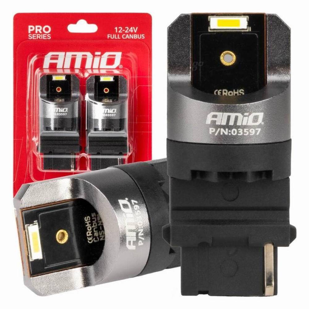 Set 2 becuri semnalizare T25, 2 LED-uri SMD1860, 12-24V, P27WFull CANBUS, 3156 alb, Pro Series, 03597 Amio