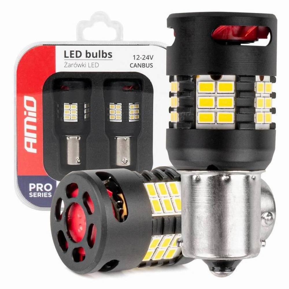 Set 2 becuri semnalizare, 24 LED-uri SMD3020, 12-24V, 1156 BA15S P21W, R10W, R5W, cu ventilator, Canbus, alb, Pro Series 03721 Amio
