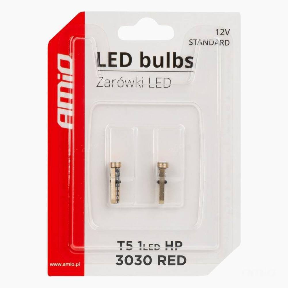 Set 2 becuri T5, 1 LED, SMD3030 12V 0.5W, W1W, rosu, High Power, 03727 Amio