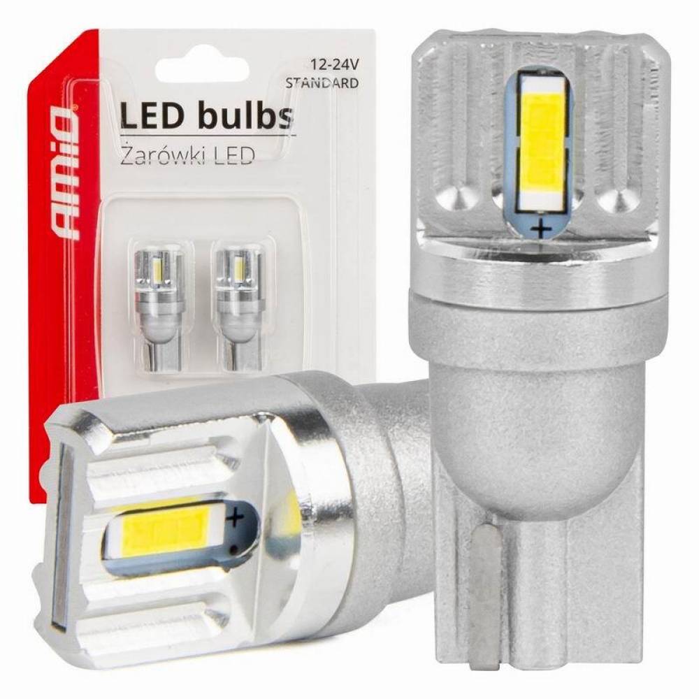 Set 2 becuri aluminiu T10, 2 LED-uri SMD1860, 12-24V, W5W, alb 03719 Amio 