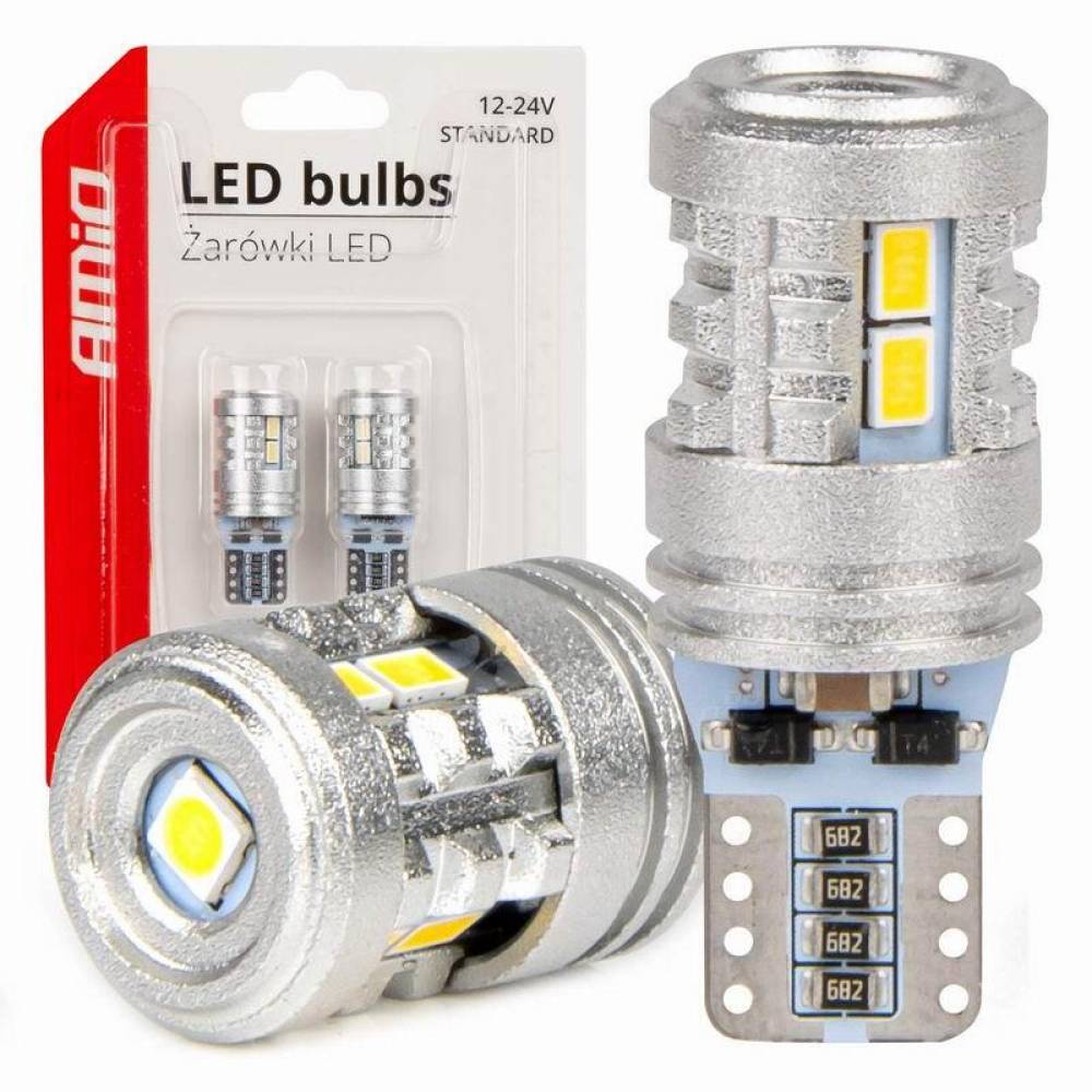 Set 2 becuri aluminiu T10, 6 LED-uri SMD3020 si 1 LED SMD3030, 12-24V, W5W, alb 03718 Amio 