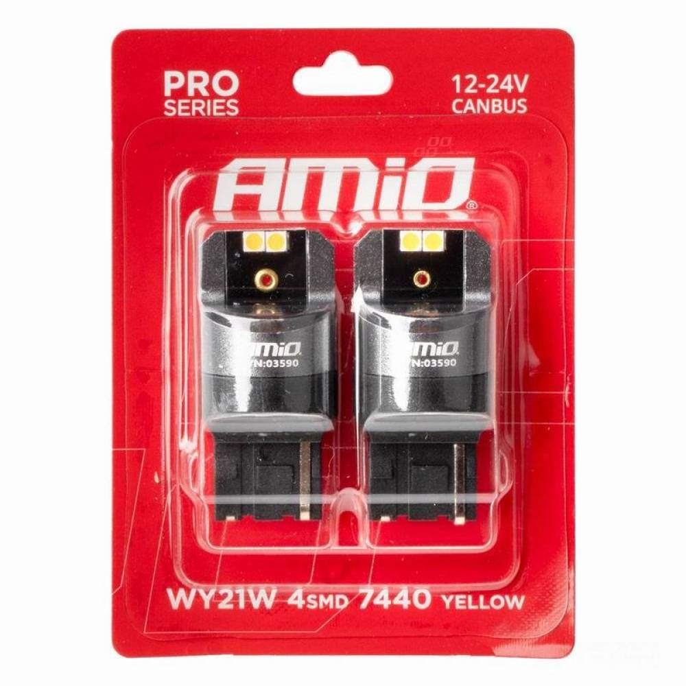Set 2 becuri semnalizare T20, 4 LED-uri SMD3030, 12-24V, WY21W CANBUS, 7440 galben, Pro Series, 03590 Amio
