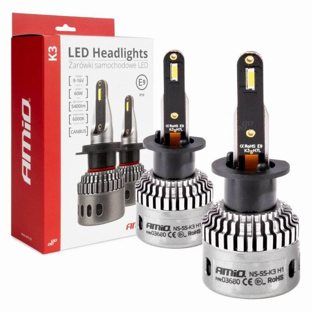 Set 2 becuri H1, LED, 9-16V, 60W, 5400lm, 6000K, Canbus, extra 400% putere, K3 Series, 03680 Amio