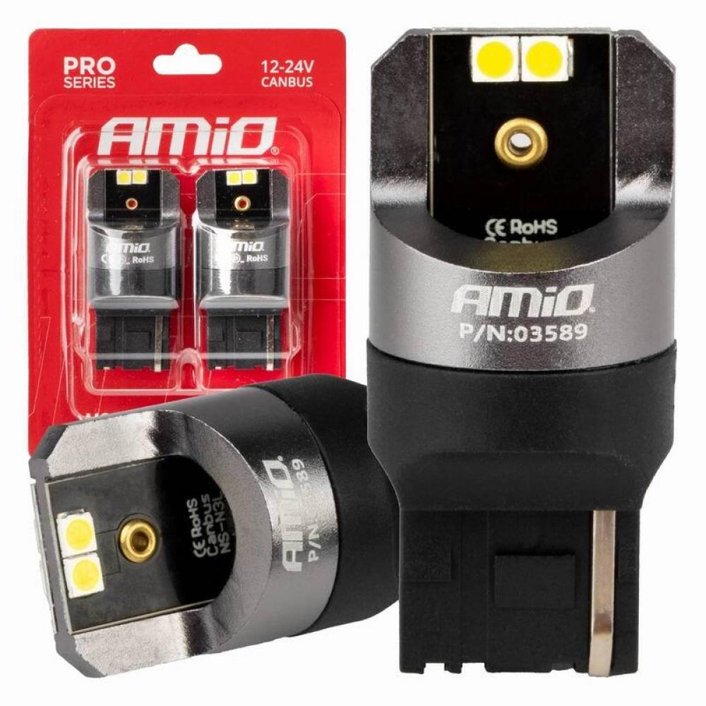 Set 2 becuri semnalizare T20, 4 LED-uri SMD3030, 12-24V, W21W CANBUS, 7440alb, Pro Series, 03589 Amio