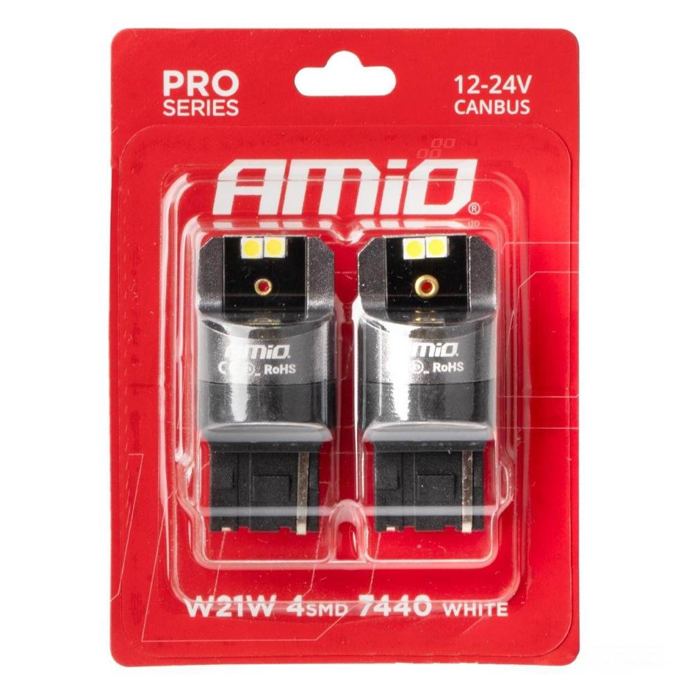 Set 2 becuri semnalizare T20, 4 LED-uri SMD3030, 12-24V, W21W CANBUS, 7440alb, Pro Series, 03589 Amio