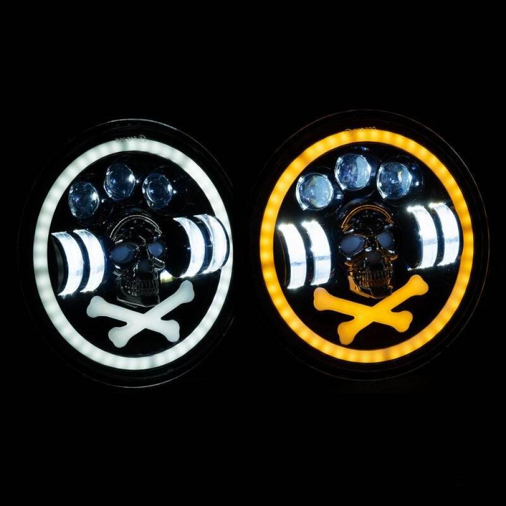 Far universal LED, fi17.8cm, 9-36V, 60W, 5500lm, cu faza lunga, scurta, pozitie alba DRL, semnalizare si modul intermitent RGB craniu, pentru Jeep si moto, Pirate Skull 03695 Amio