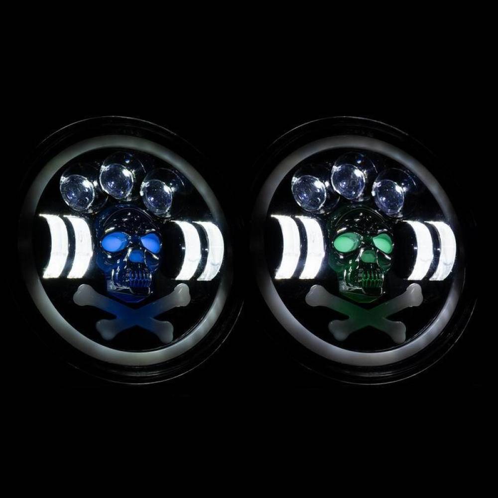 Far universal LED, fi17.8cm, 9-36V, 60W, 5500lm, cu faza lunga, scurta, pozitie alba DRL, semnalizare si modul intermitent RGB craniu, pentru Jeep si moto, Pirate Skull 03695 Amio