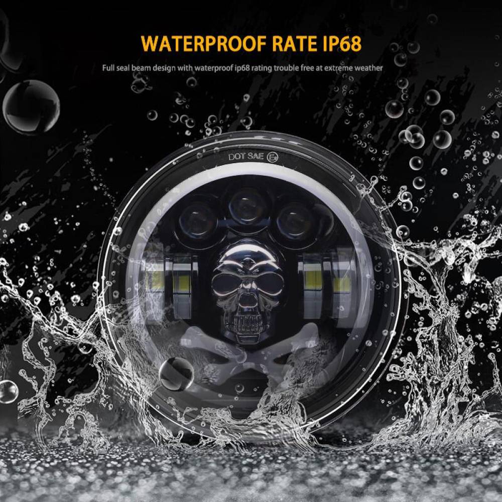 Far universal LED, fi17.8cm, 9-36V, 60W, 5500lm, cu faza lunga, scurta, pozitie alba DRL, semnalizare si modul intermitent RGB craniu, pentru Jeep si moto, Pirate Skull 03695 Amio