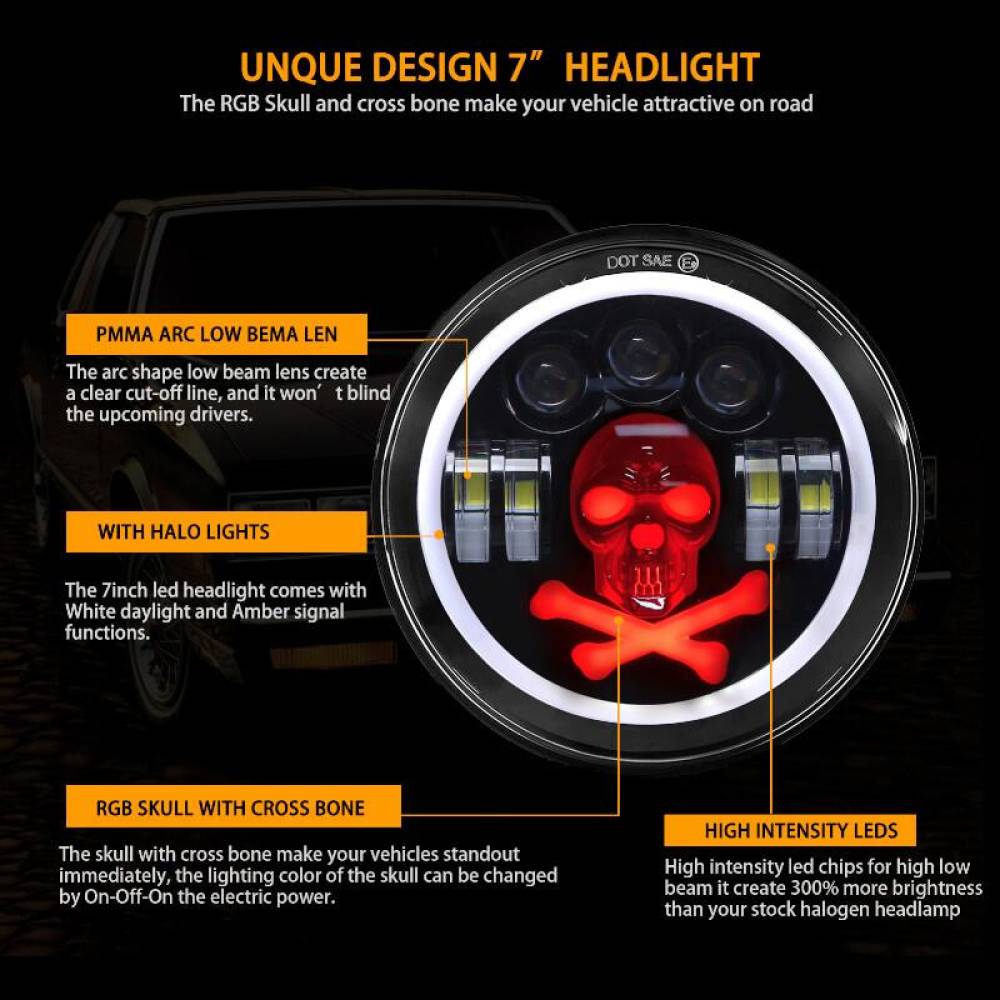 Far universal LED, fi17.8cm, 9-36V, 60W, 5500lm, cu faza lunga, scurta, pozitie alba DRL, semnalizare si modul intermitent RGB craniu, pentru Jeep si moto, Pirate Skull 03695 Amio