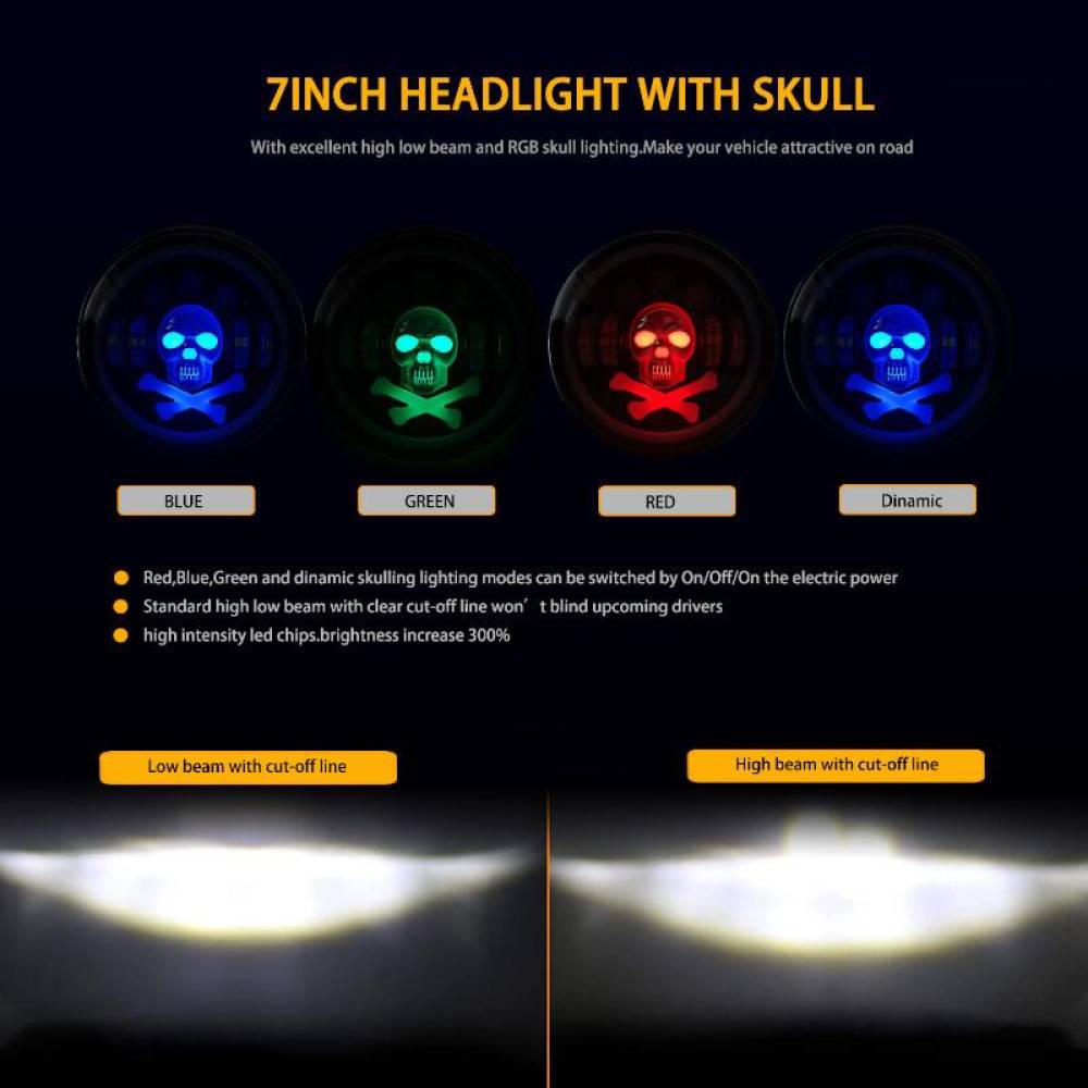 Far universal LED, fi17.8cm, 9-36V, 60W, 5500lm, cu faza lunga, scurta, pozitie alba DRL, semnalizare si modul intermitent RGB craniu, pentru Jeep si moto, Pirate Skull 03695 Amio