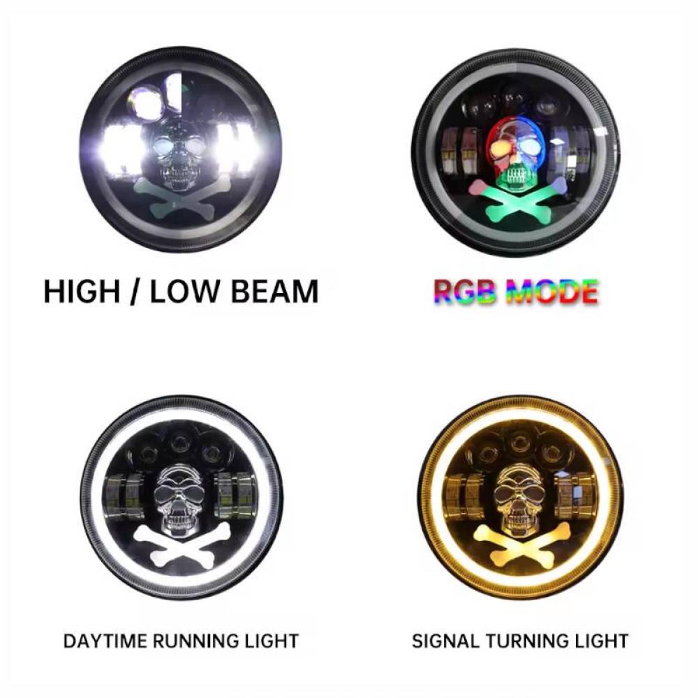 Far universal LED, fi17.8cm, 9-36V, 60W, 5500lm, cu faza lunga, scurta, pozitie alba DRL, semnalizare si modul intermitent RGB craniu, pentru Jeep si moto, Pirate Skull 03695 Amio