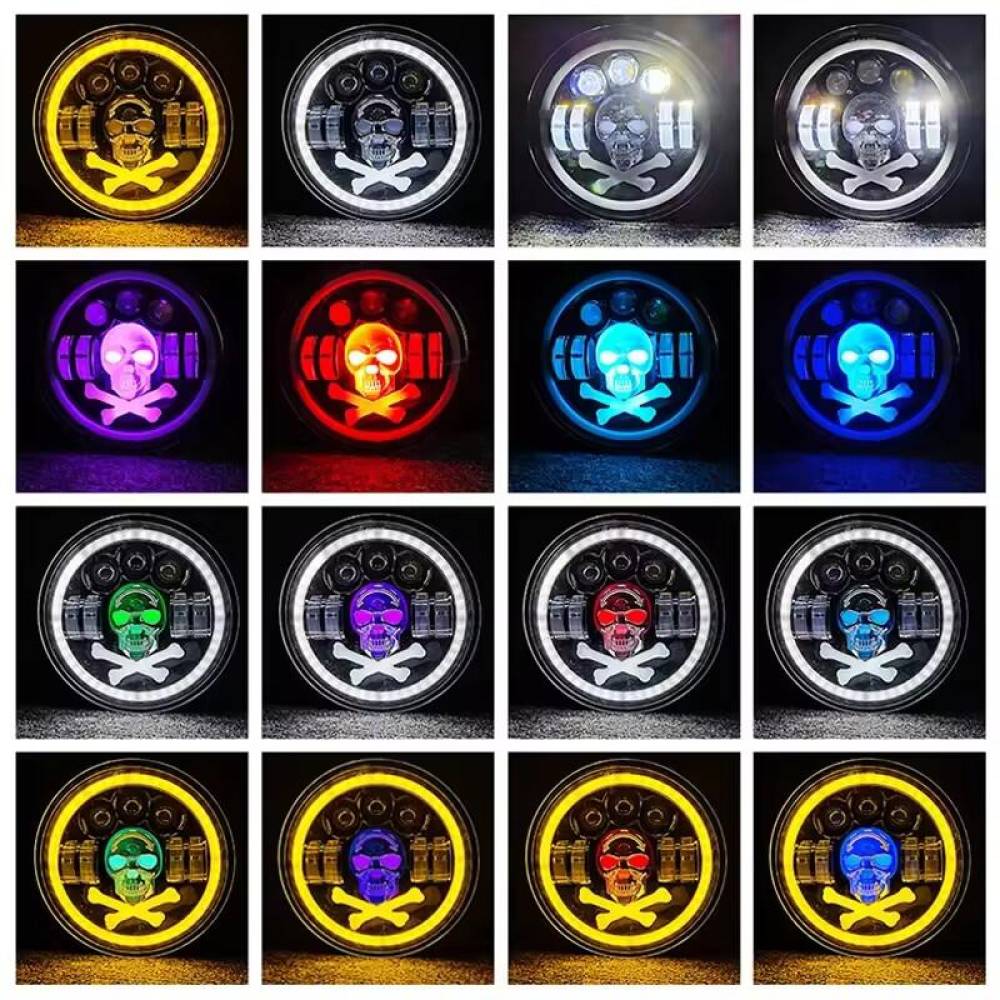 Far universal LED, fi17.8cm, 9-36V, 60W, 5500lm, cu faza lunga, scurta, pozitie alba DRL, semnalizare si modul intermitent RGB craniu, pentru Jeep si moto, Pirate Skull 03695 Amio