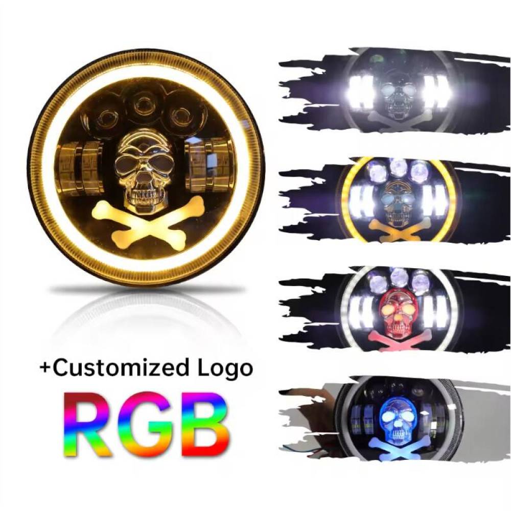 Far universal LED, fi17.8cm, 9-36V, 60W, 5500lm, cu faza lunga, scurta, pozitie alba DRL, semnalizare si modul intermitent RGB craniu, pentru Jeep si moto, Pirate Skull 03695 Amio