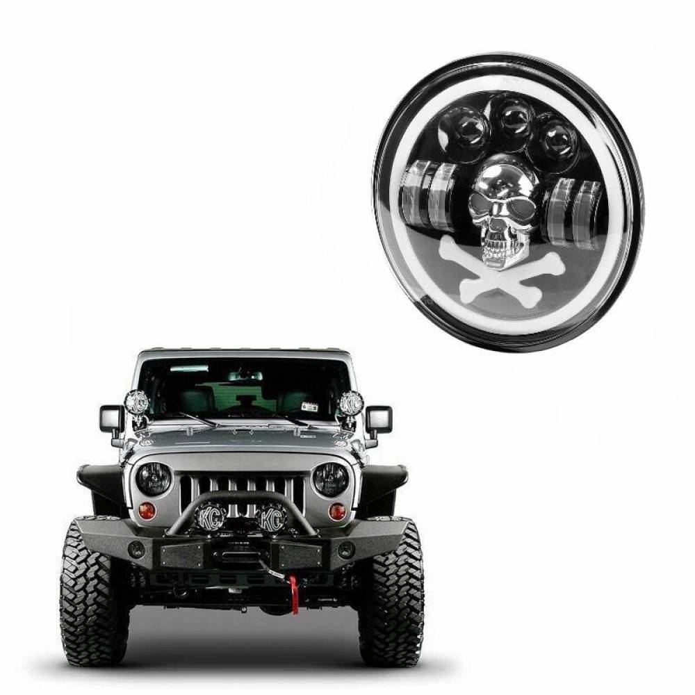 Far universal LED, fi17.8cm, 9-36V, 60W, 5500lm, cu faza lunga, scurta, pozitie alba DRL, semnalizare si modul intermitent RGB craniu, pentru Jeep si moto, Pirate Skull 03695 Amio