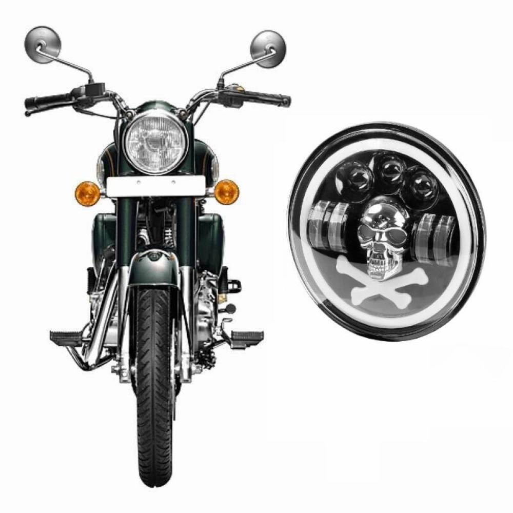 Far universal LED, fi17.8cm, 9-36V, 60W, 5500lm, cu faza lunga, scurta, pozitie alba DRL, semnalizare si modul intermitent RGB craniu, pentru Jeep si moto, Pirate Skull 03695 Amio