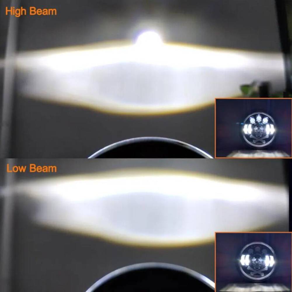 Far universal LED, fi17.8cm, 9-36V, 60W, 5500lm, cu faza lunga, scurta, pozitie alba DRL, semnalizare si modul intermitent RGB craniu, pentru Jeep si moto, Pirate Skull 03695 Amio
