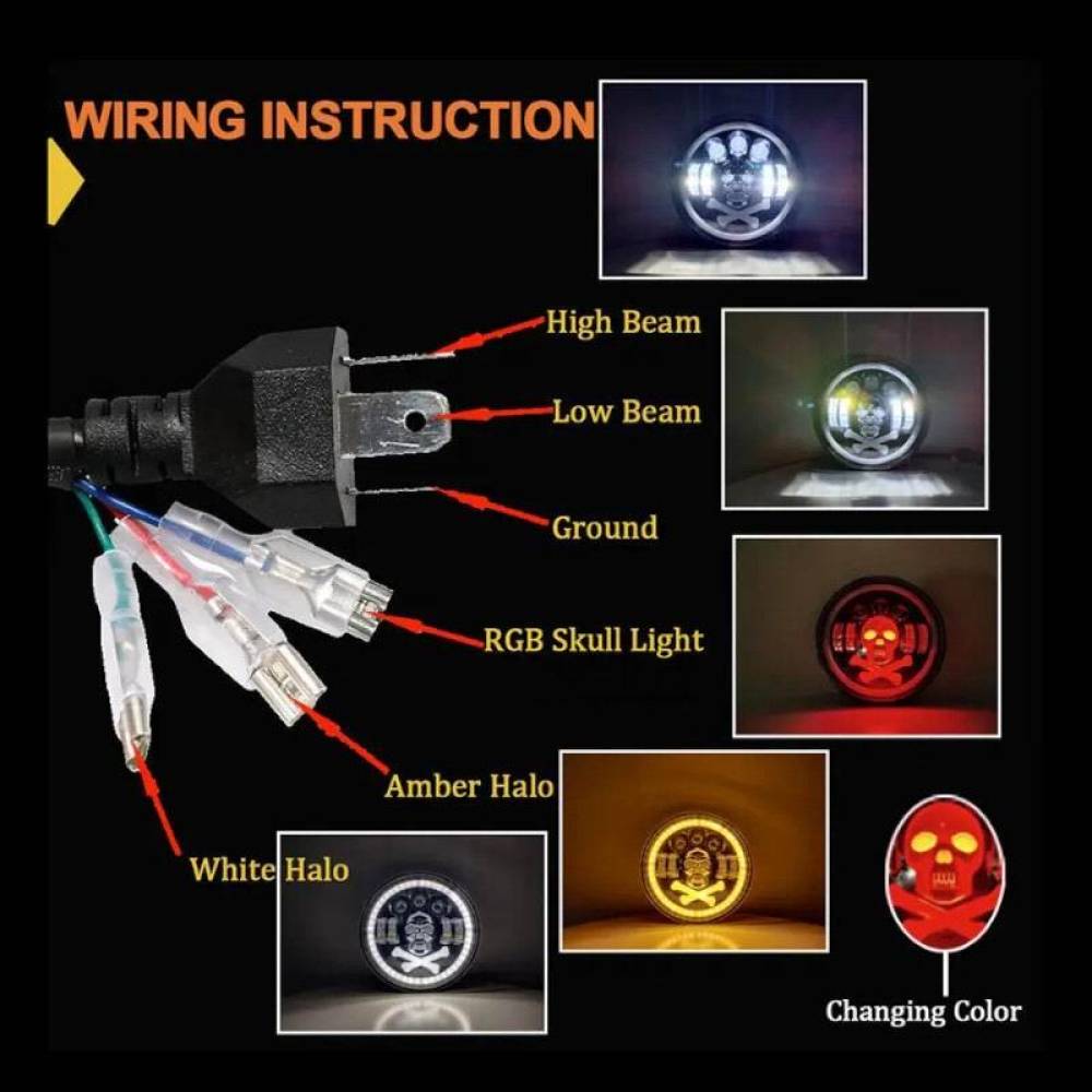 Far universal LED, fi17.8cm, 9-36V, 60W, 5500lm, cu faza lunga, scurta, pozitie alba DRL, semnalizare si modul intermitent RGB craniu, pentru Jeep si moto, Pirate Skull 03695 Amio