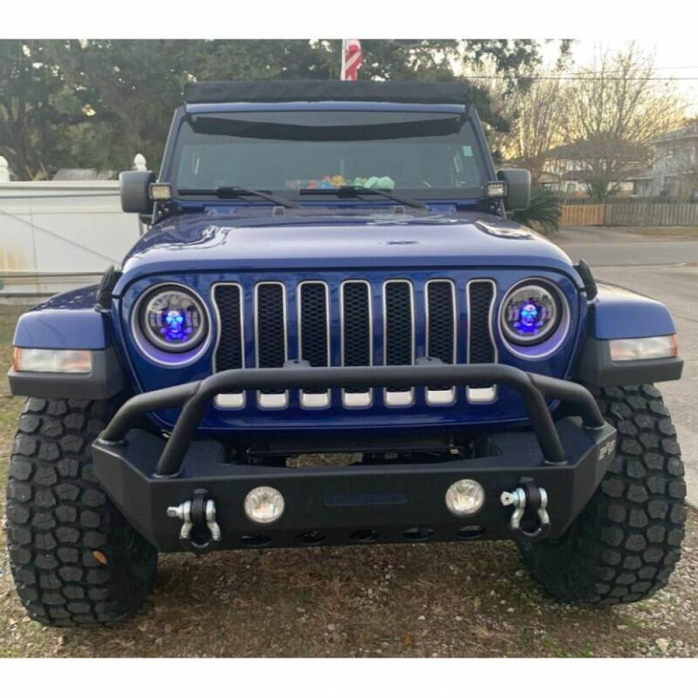 Far universal LED, fi17.8cm, 9-36V, 60W, 5500lm, cu faza lunga, scurta, pozitie alba DRL, semnalizare si modul intermitent RGB craniu, pentru Jeep si moto, Pirate Skull 03695 Amio