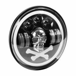Far universal LED, fi17.8cm, 9-36V, 60W, 5500lm, cu faza lunga, scurta, pozitie alba DRL, semnalizare si modul intermitent RGB craniu, pentru Jeep si moto, Pirate Skull 03695 Amio
