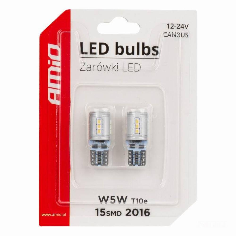 Set 2 becuri T10e, 15 LED-uri SMD2016, 12-24V, W5W, CANBUS, alb 03723 Amio