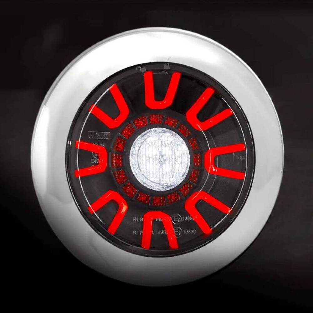 Lampa ceata fi152, 3 functii, LED, cu pozitie si mers inapoi, 12-36V, hamburger, cablu 1m, stanga-dreapta, incastrabila, cu inel cromat, FT-314 LED Fristom