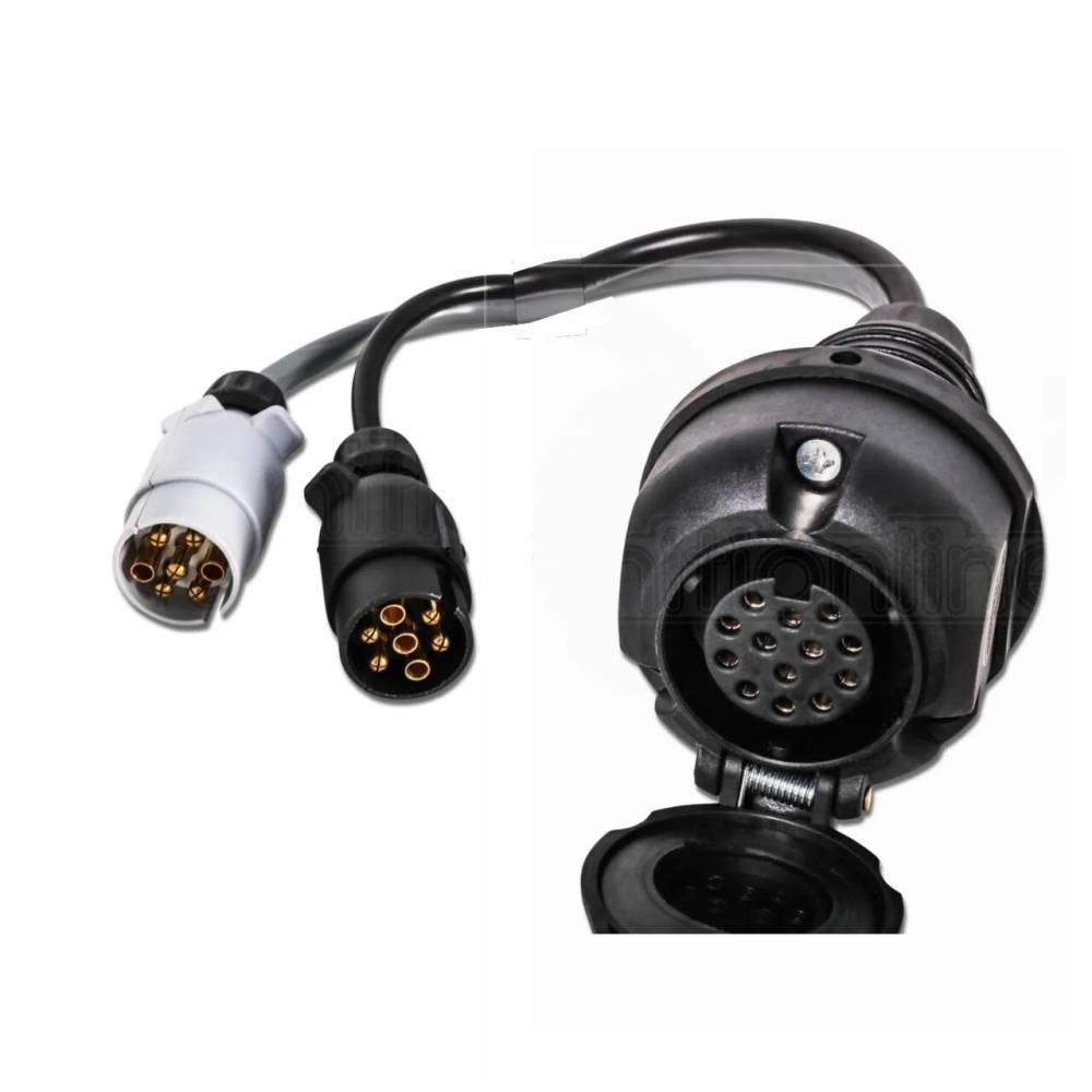 Adaptor priza rulota, remorca in Y, 2x7->13, din 2x fisa 7pini N+S (pe masina) -> in priza 13pini (pe rulota), conversie fise 2x7pin N/S-> priza 13 pini cu cablu 25cm, Hybsz Adaptor priza rulota, remorca in Y, 2x7->13, din 2x fisa 7pini N+S (pe masina) -> in priza 13pini (pe rulota), conversie fise 2x7pin N/S-> priza 13 pini cu cablu 25cm, Hybsz