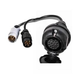 Adaptor priza rulota, remorca in Y, 2x7->13, din 2x fisa 7pini N+S (pe masina) -> in priza 13pini (pe rulota), conversie fise 2x7pin N/S-> priza 13 pini  cu cablu 25cm, Hybsz