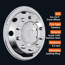 Capac roata 22,5inch, fata, din otel inoxidabil, bombat, pentru autobuz, tir, sistem montare cu suruburi antifurt, 524F A2A