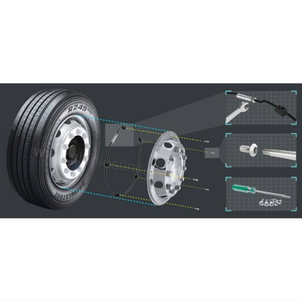 Capac roata 22,5inch, fata, din otel inoxidabil, bombat, pentru autobuz, tir, sistem montare cu suruburi antifurt, 524F A2A