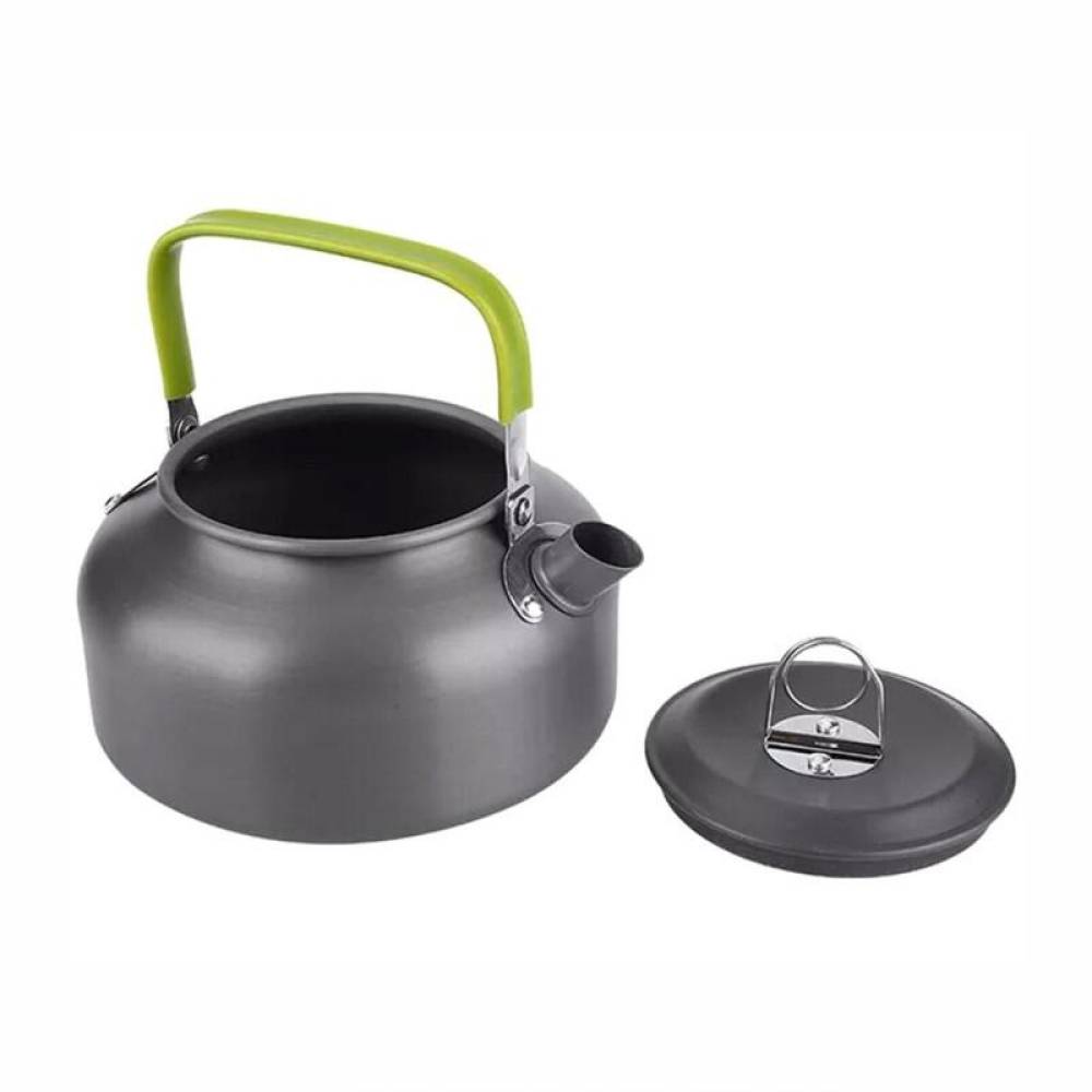 Set vase gatit camping, outdoor, 11 componente, cu oala, tigaie, ceainic, lingura, polonic, mini boluri, burete, pentru 2 persoane, TRS012