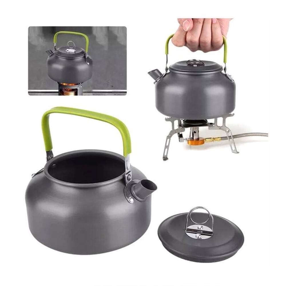 Set vase gatit camping, outdoor, 11 componente, cu oala, tigaie, ceainic, lingura, polonic, mini boluri, burete, pentru 2 persoane, TRS012