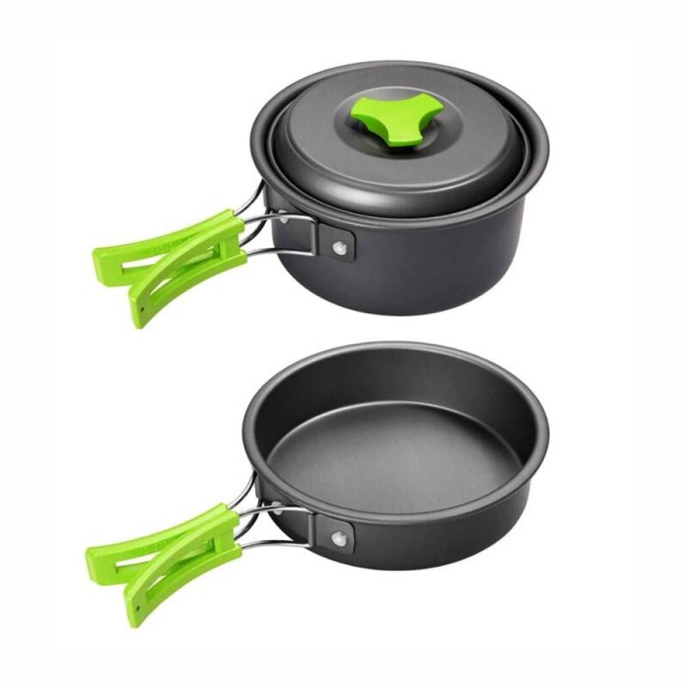Set vase gatit camping, outdoor, 11 componente, cu oala, tigaie, ceainic, lingura, polonic, mini boluri, burete, pentru 2 persoane, TRS012