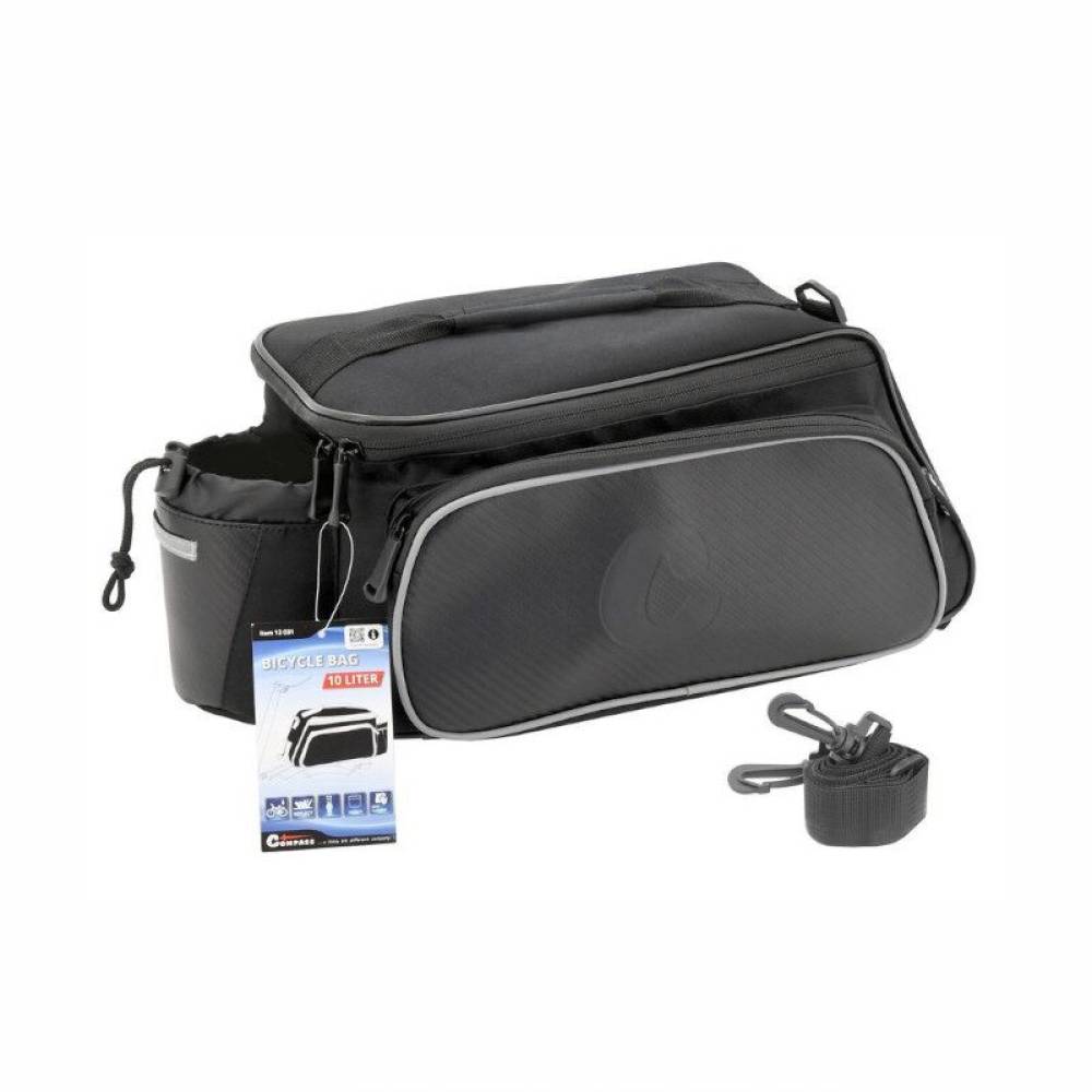 Borseta bicicleta, umar, montare pe portbagaj, 10l, 2 in 1, cu 3 buzunare si locas bidon apa, neagra, 12031 Compass