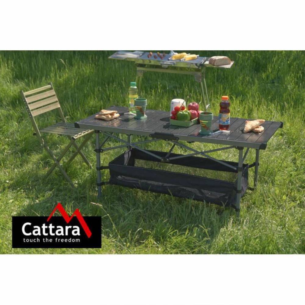 Masa camping pliabila, 123x55cm, din aluminiu, ajustabila, pentru camping, plaja, picnic, cu spatiu depozitare, Roll 13492 Cattara