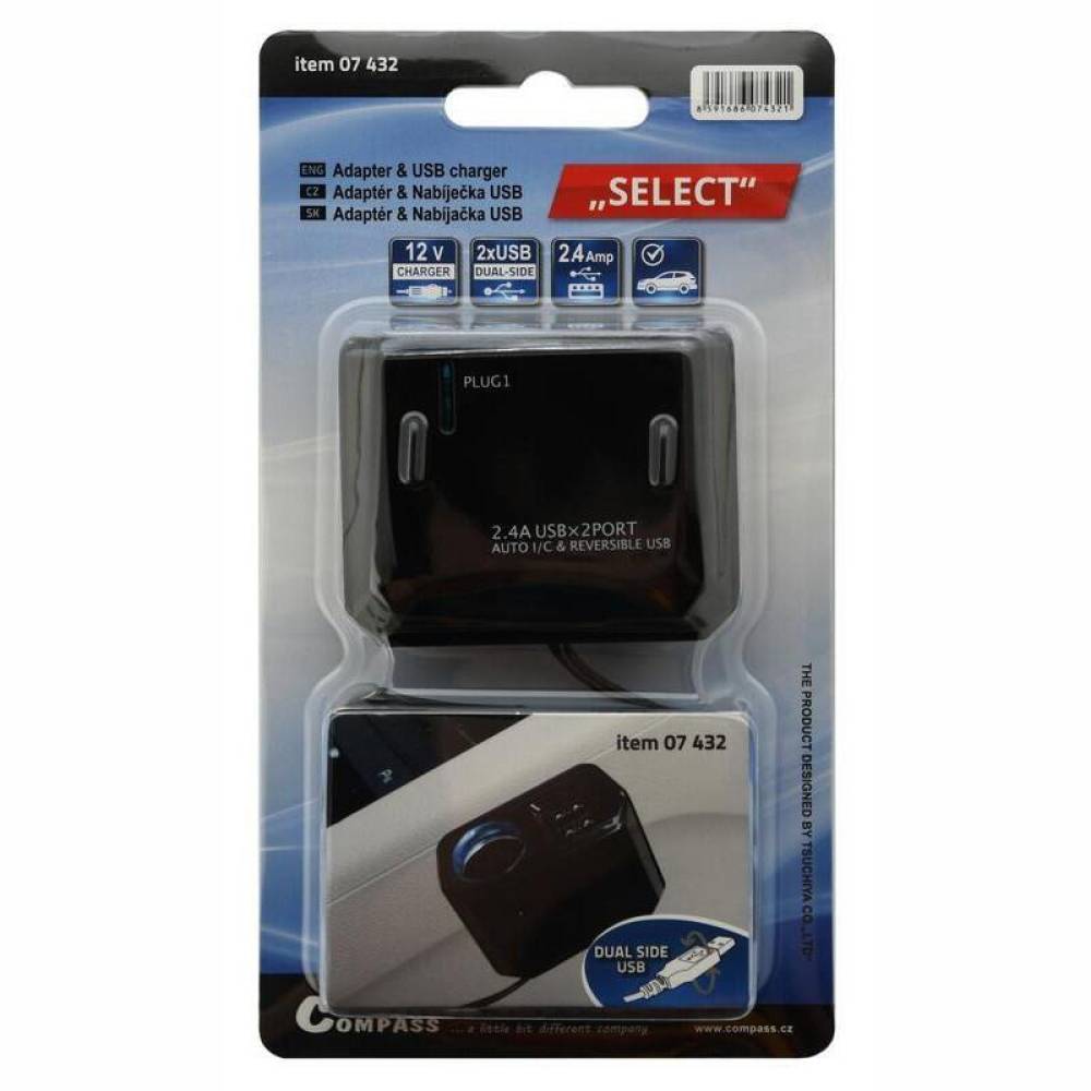 Stecher priza cu 2xUSB-uri Dual Side, 12V 2.4A, cu fir, fixare cu adeziv, Select, 07432 Compass