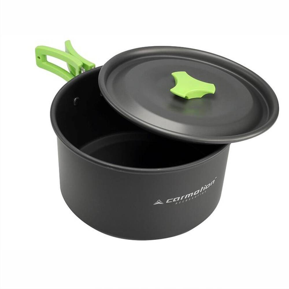 Set vase gatit camping, outdoor, 15 componente, cu oala, tigaie, ceainic, tacamuri, pahare, carabine, pentru 2 persoane 83006 Carmotion