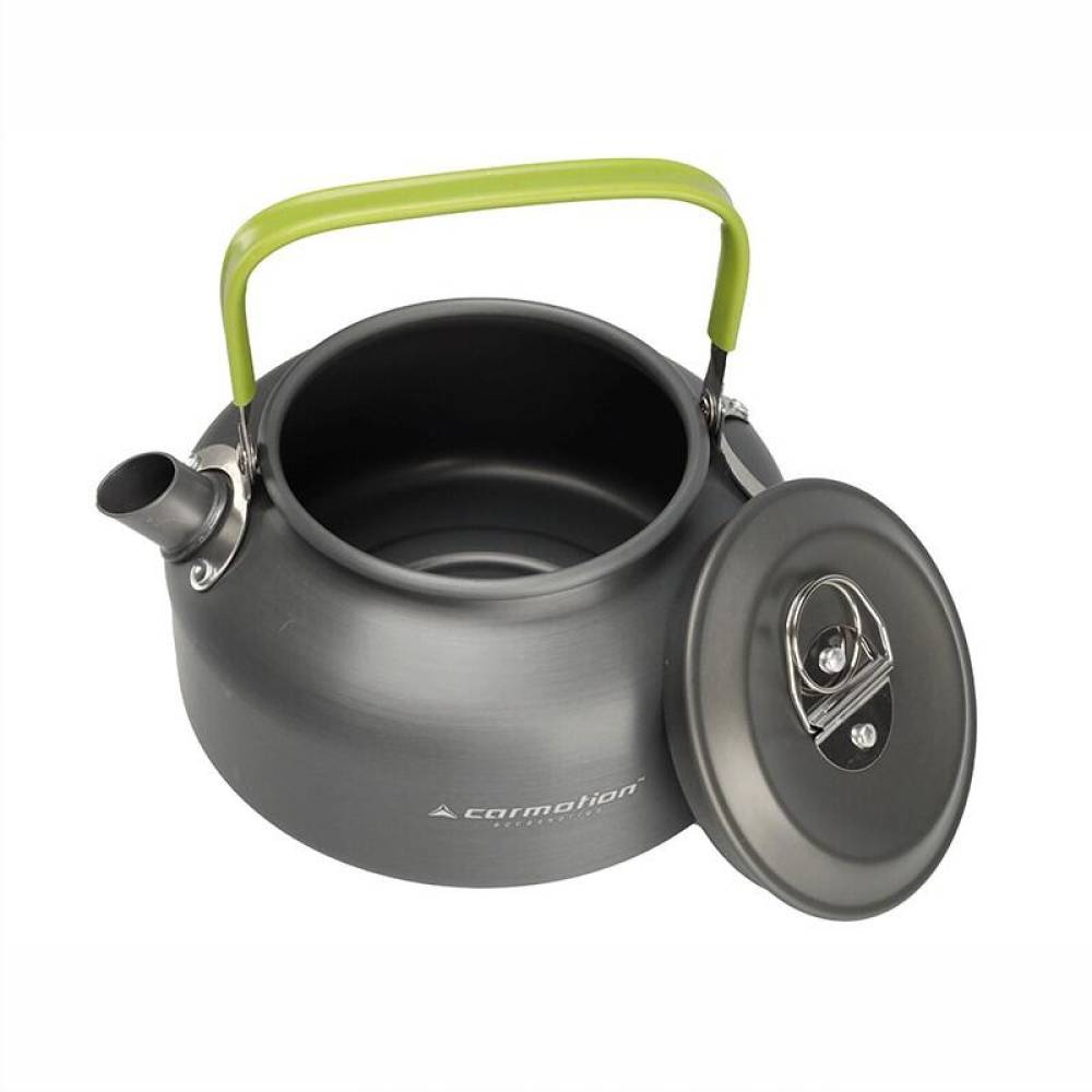 Set vase gatit camping, outdoor, 15 componente, cu oala, tigaie, ceainic, tacamuri, pahare, carabine, pentru 2 persoane 83006 Carmotion