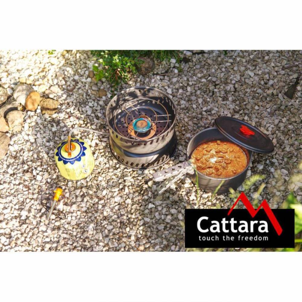Set vase gatit camping, outdoor, 9 componente, cu oala, tigaie, arzator, maner, aprinzator, pentru 2 persoane, 13610 Cattara