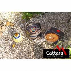 Set vase gatit camping, outdoor, 9 componente, cu oala, tigaie, arzator, maner, aprinzator, pentru 2 persoane, 13610 Cattara