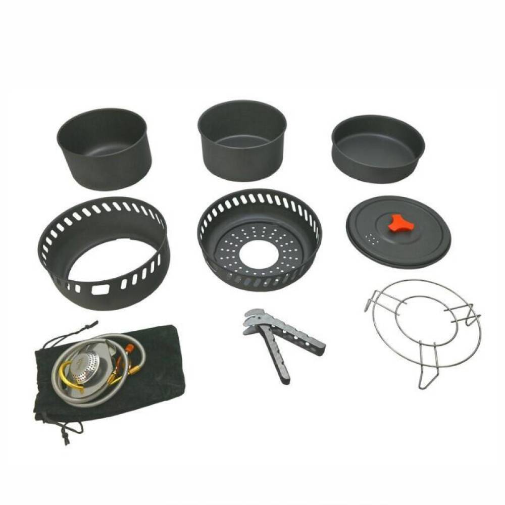 Set vase gatit camping, outdoor, 9 componente, cu oala, tigaie, arzator, maner, aprinzator, pentru 2 persoane, 13610 Cattara