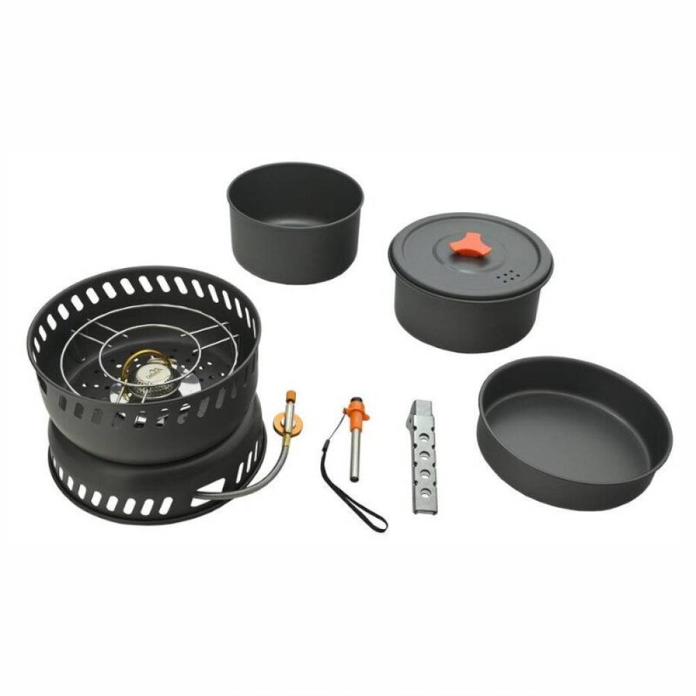 Set vase gatit camping, outdoor, 9 componente, cu oala, tigaie, arzator, maner, aprinzator, pentru 2 persoane, 13610 Cattara