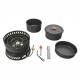 Set vase gatit camping, outdoor, 9 componente, cu oala, tigaie, arzator, maner, aprinzator, pentru 2 persoane, 13610 Cattara