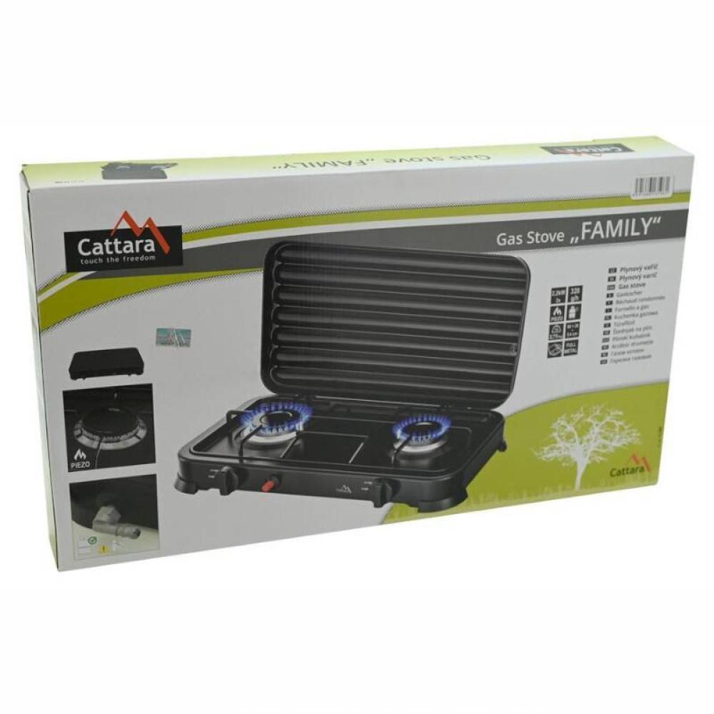 Aragaz portabil camping, cu 2 arzatoare, aprindere piezo, putere 2 x 2.2 kW, consum 320 g/h, capac, Traveler Family 13596 Cattara