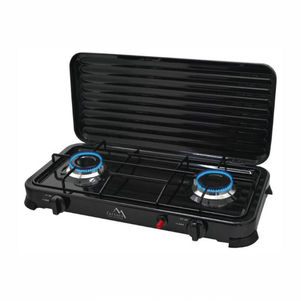 Aragaz portabil camping, cu 2 arzatoare, aprindere piezo, putere 2 x 2.2 kW, consum 320 g/h, capac, Traveler Family 13596 Cattara