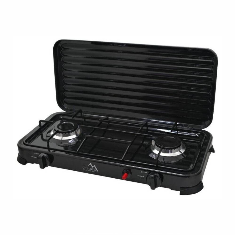Aragaz portabil camping, cu 2 arzatoare, aprindere piezo, putere 2 x 2.2 kW, consum 320 g/h, capac, Traveler Family 13596 Cattara