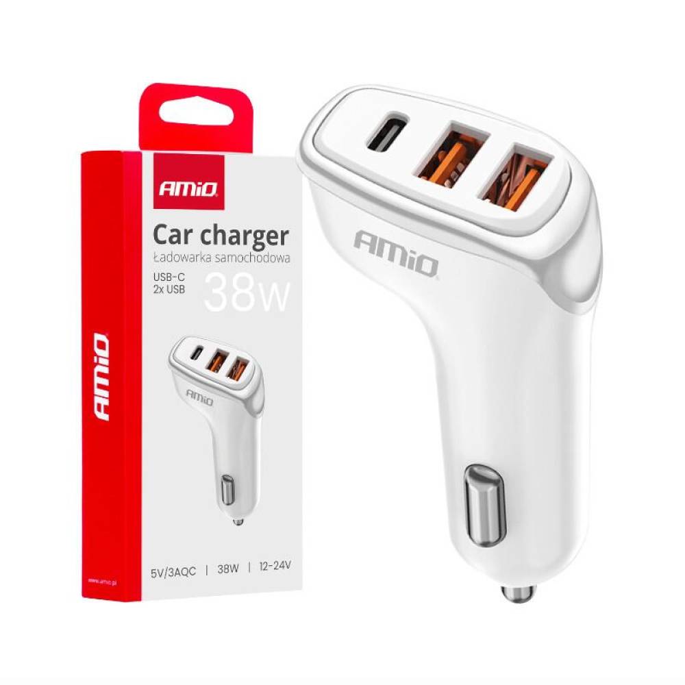 Incarcator auto 3xUSB, 12-24V, 2xUSB-A si USB-C, 38W, alb-portocaliu, 03886 Amio 