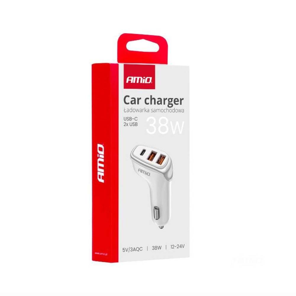 Incarcator auto 3xUSB, 12-24V, 2xUSB-A si USB-C, 38W, alb-portocaliu, 03886 Amio 