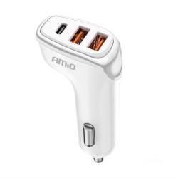 Incarcator auto 3xUSB, 12-24V, 2xUSB-A si USB-C, 38W, alb-portocaliu, 03886 Amio 