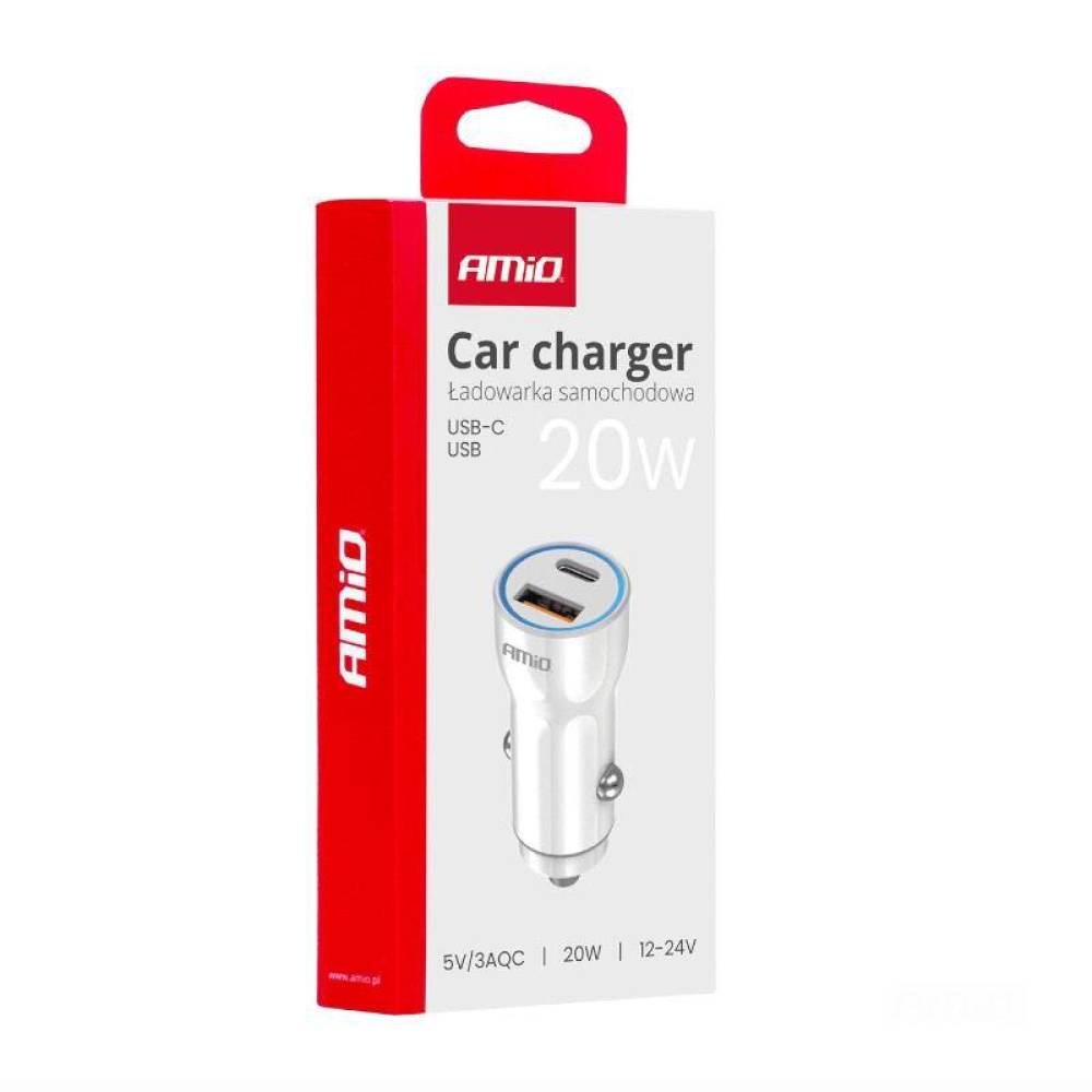 Incarcator auto 2xUSB, 12-24V, USB-A si USB-C, 20W, alb, 03881 Amio Incarcator auto 2xUSB, 12-24V, USB-A si USB-C, 20W, alb, 03881 Amio
